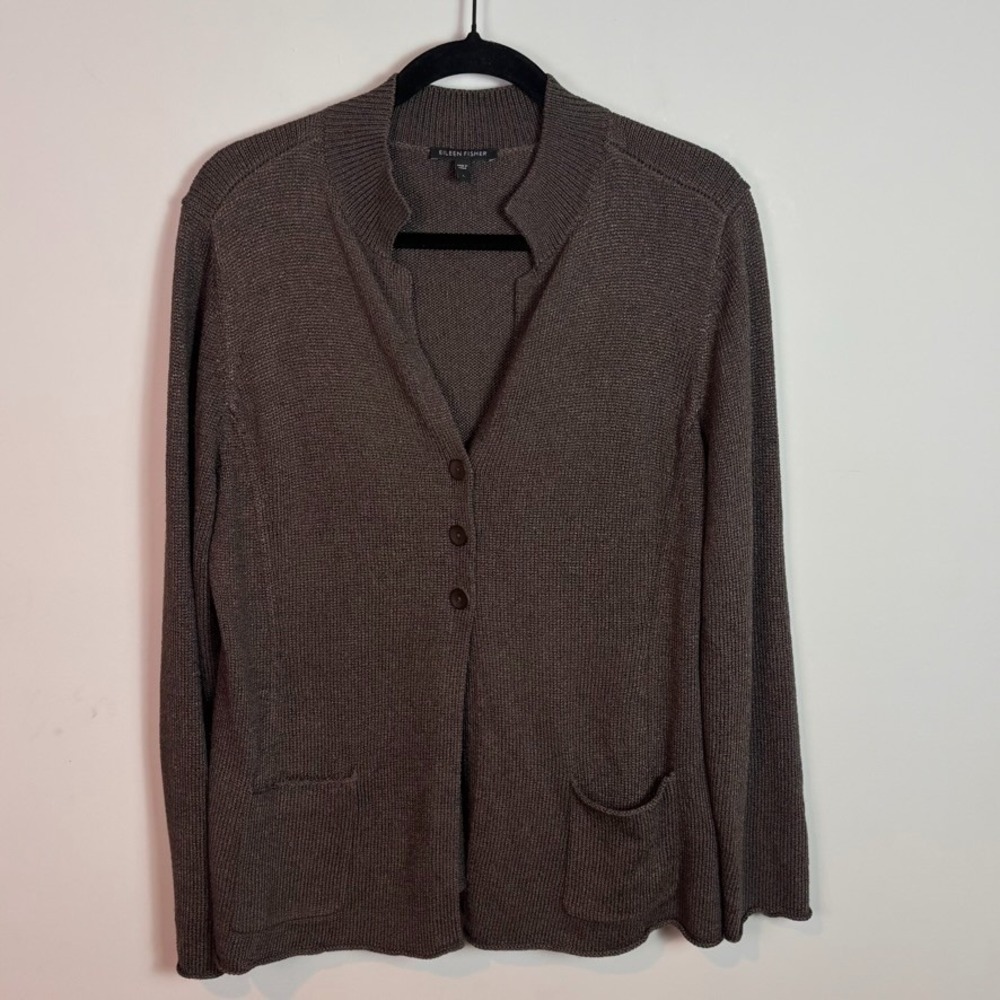 Eileen Fisher Womens Silk Blend Brown Textured Button Detail Cardigan Lg Classic